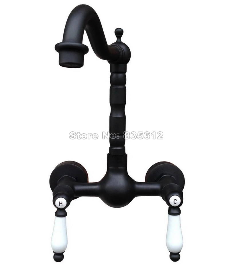 

Black Oil Rubbed Bronze Swivel Spout Bathroom Basin Sink Faucet / Two Hole Wall Mounted Dual Ceramic Handles Mixer Taps Wnf523
