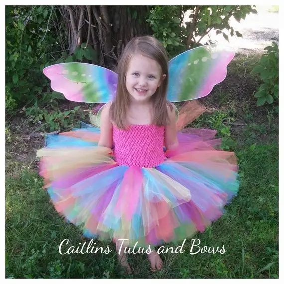 Rainbow Girls Crochet Tutu Dress Baby Handmade 2Layer Fluffy Tulle Ballet Tutus with Butterfly Wing Set Kids Party Costume Dres | Детская