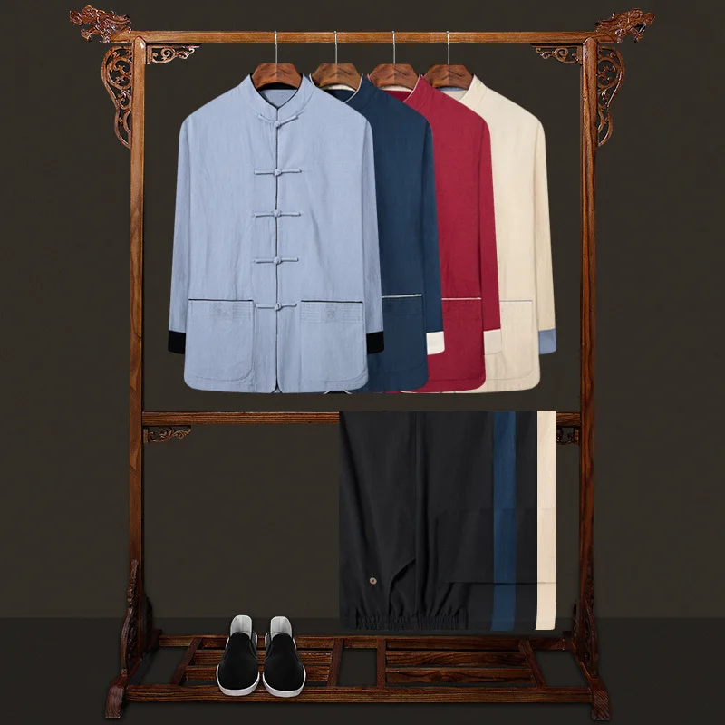 Male Wushu Kung Fu Uniform Cotton Flax Costume Suits Long Sleeve National Autumn Chinese Traditional Men Clothing Plus Size |