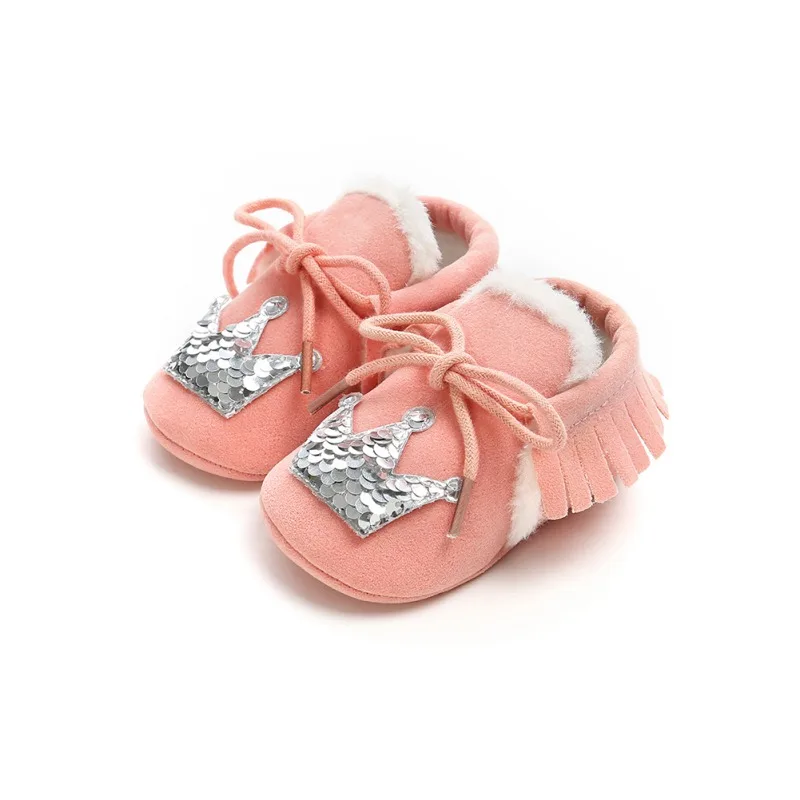 

New Sequins Crown Fringe Soft Soled Non-slip Lace-up Crib Shoes Toddlers Suede PU Leather Baby Moccasins Christmas Baby Gifts