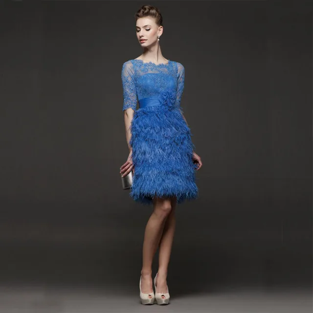 2017 короткие перо белое кружево вечерние dress o образным вырезом половина рукавом