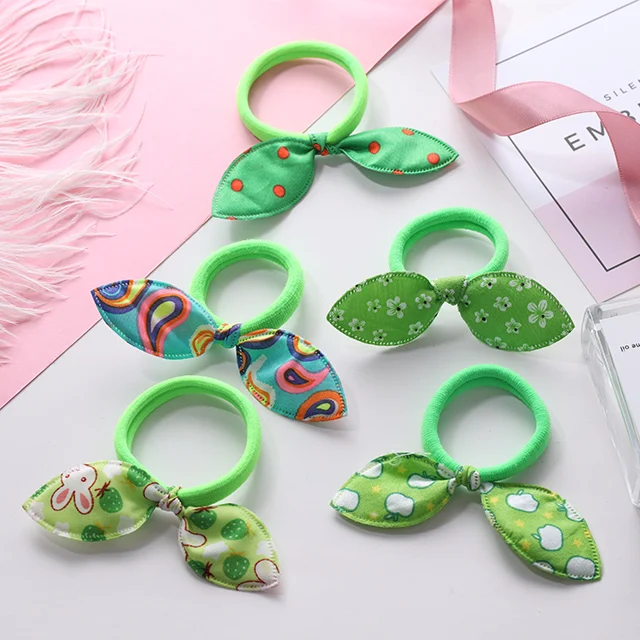 Green Random Pattern Новинка; 5 шт./лот; модные эластичные резинки для волос с кроликом; аксессуары для волос для девочек; Милые резинки для волос с хвостиком; Детские резинки для волос - Цвет: Green Random Pattern