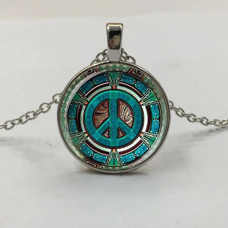 1Pcs Hippie Peace Sign Glass Dome Pendant Necklace DIY Handmade Fashion Jewelry Vintage Charm Trendy Gift for Men Women gift | Украшения и