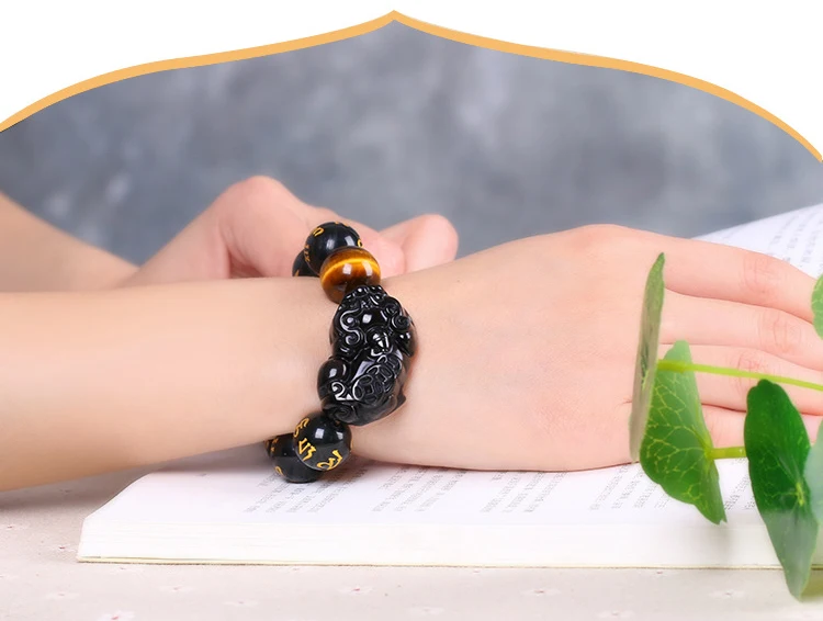 

Natural Obsidian Stone Bracelet Om Mani Padme Hum Beads Brave Troops (Pi Xiu) Tiger Eye Stone Lucky Jewelry Accessories