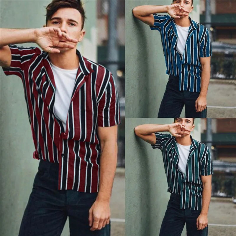 

Men Stripe Shirt Cotton Rich Easy Care Classic collar Shirt Casual Short Sleeve Shirt