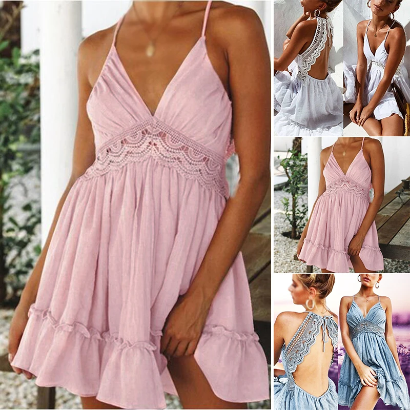 Sexy Womens Summer Beach Strappy Dress V-neck Backless Sundress Holiday Clothes | Женская одежда