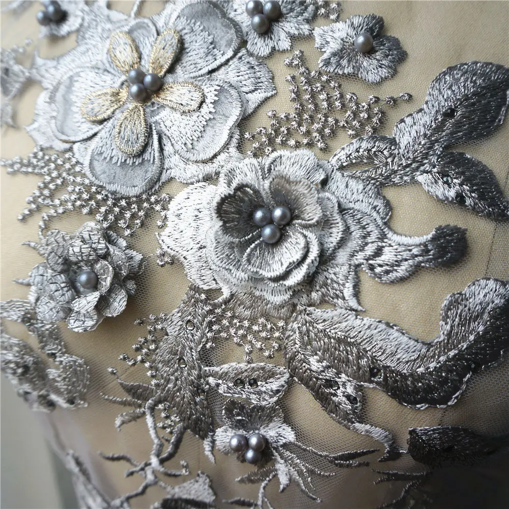 Серые 3D Цветочные бусины стразы аппликации вышитые украшения для свадебного