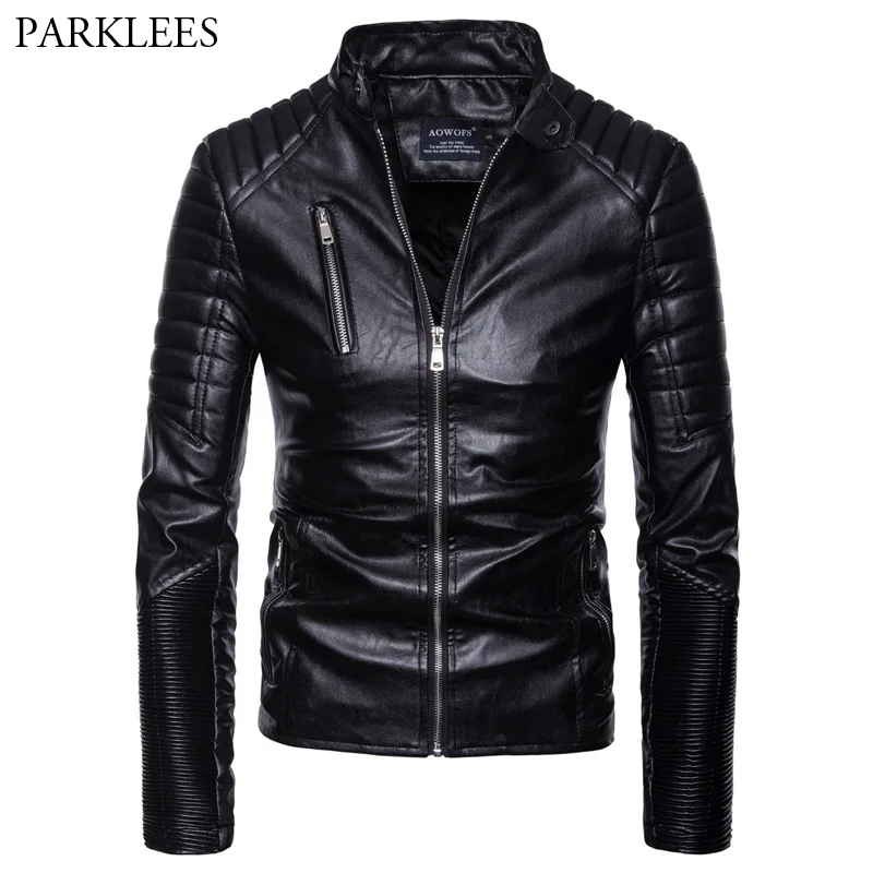 Мужская мотоциклетная кожаная куртка с воротником стойкой брендовая мужская из