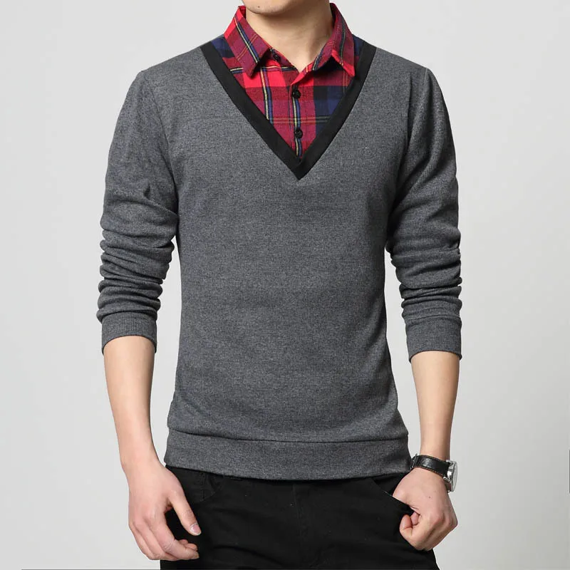 

Men's Plaid Shirt Collar False Two Stitching Design Long Sleeved T-shirt spring Autumn New Leisure Men's Clothing Size 4XL