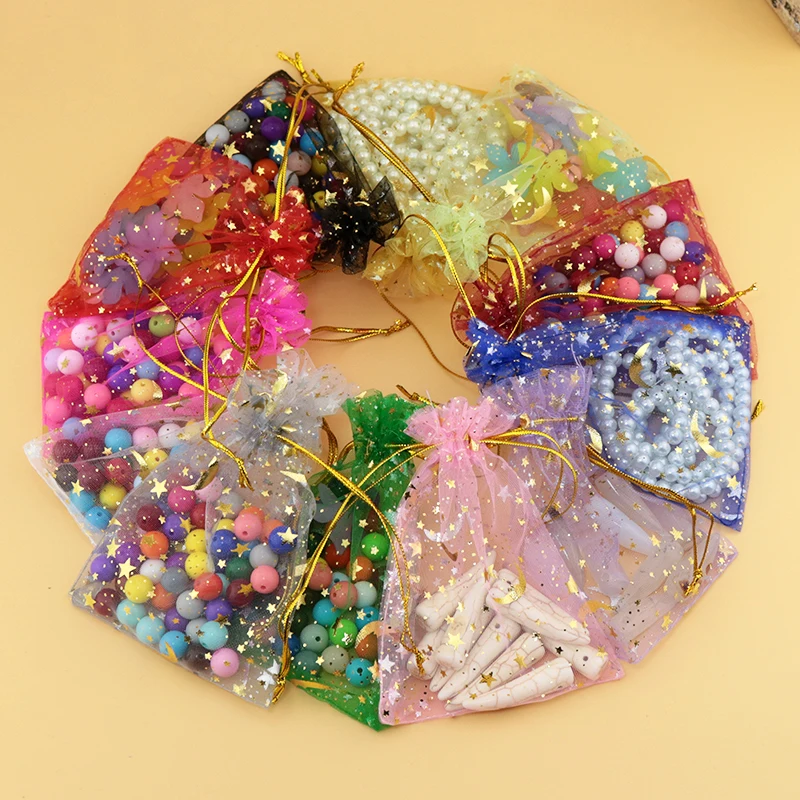 Мешочки подарочные из органзы с изображением луны и звезд смешанных цветов 7x9 см