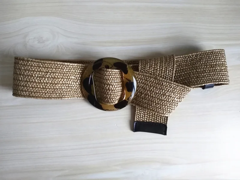 beige 5cm Женский эластичный тканый пояс соломинка декоративная Роскошная Мода платье женский пояс для девочек Вязаный Воск Веревка Пряжка Леопард - Цвет: beige 5cm