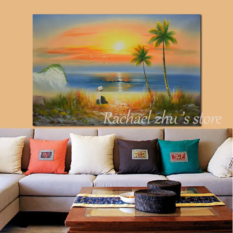 

Hand Painted Abstract Summer Sunset Beach Oil Painting On Canvas Modern Seascape Wall Pictures Lobby, Bar Living Room Home Decor