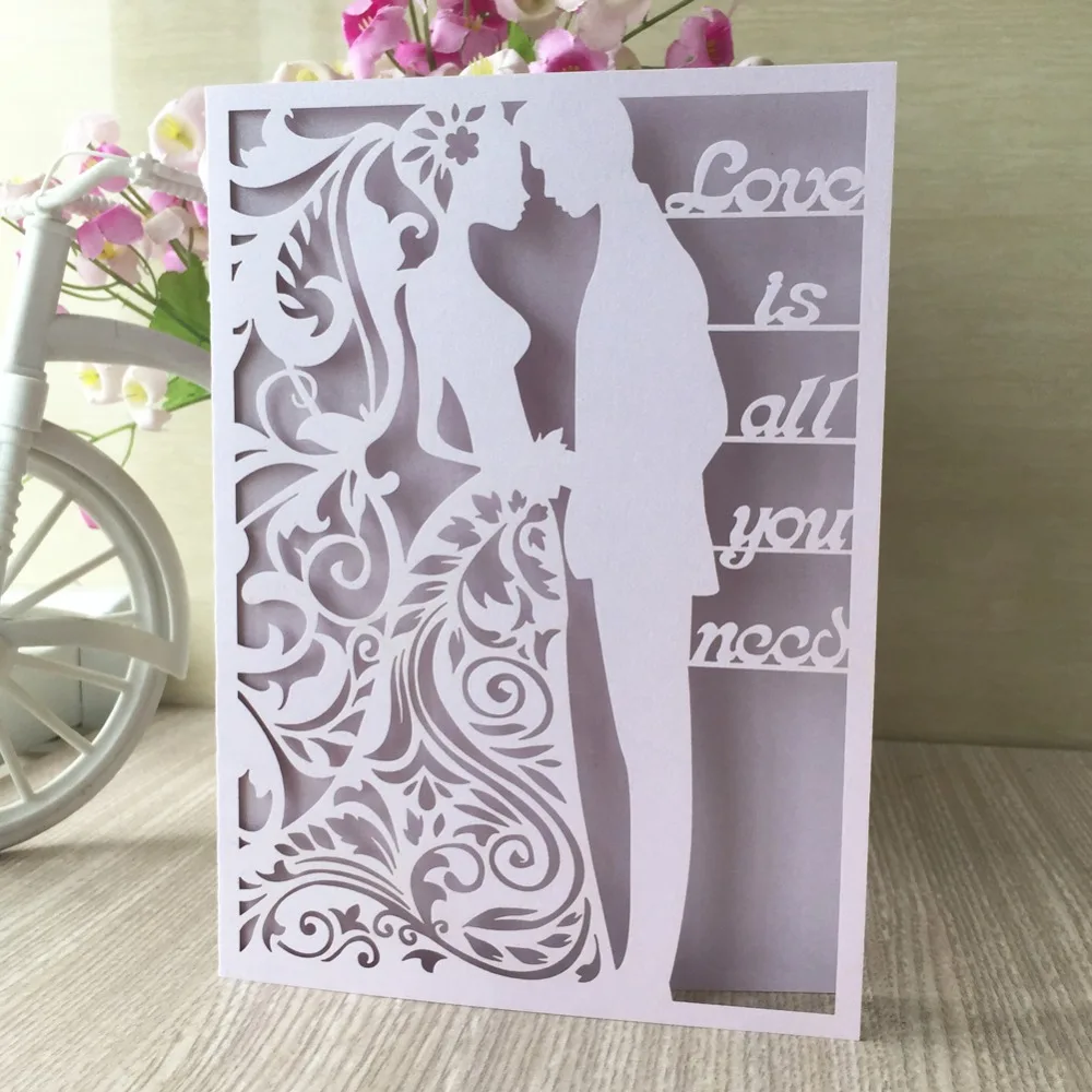 

100pcs/lot Delicate Carved Pattern Event Party Supplies Invitation Card Bride&Bridegroom Wedding Invitations Greeting Card