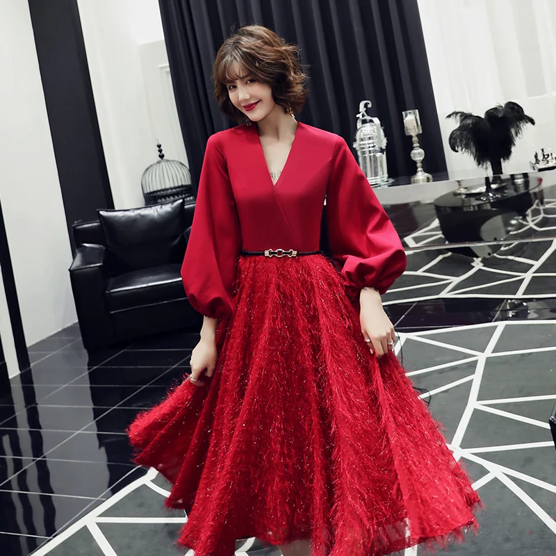 Robe De Soiree, кружевное сексуальное длинное вечернее платье с v-образным вырезом,, для невесты, банкета, элегантные вечерние платья длиной до середины икры, LF213