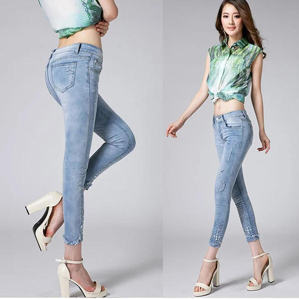 2014 Fashion Jeans Woman Low Waist Celebrity Style Ripped Capris Hollow out Jean Blue Tide Denim Pants Ankle Length Trousers |