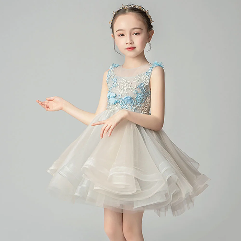 Girls Applique Sweet Dress Beads O-neck Christmas Dresses Lace Children Communion Gowns Mesh Sleeveless Sequins Ball Gown