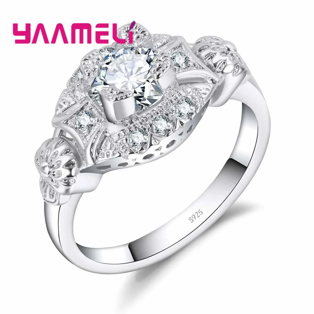 

Brand 100% 925 Sterling Silver For Women Luxury Cubic Zirconia Wedding Rings Fashion White Crystal Flower Shape