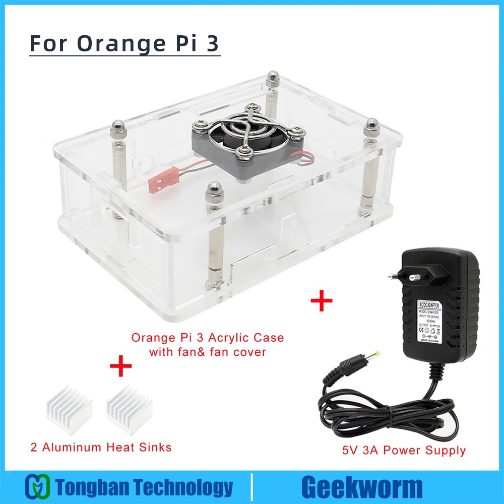 Акриловый чехол Orange Pi 3 с комплектом вентиляторов + радиатор блок питания 5 в