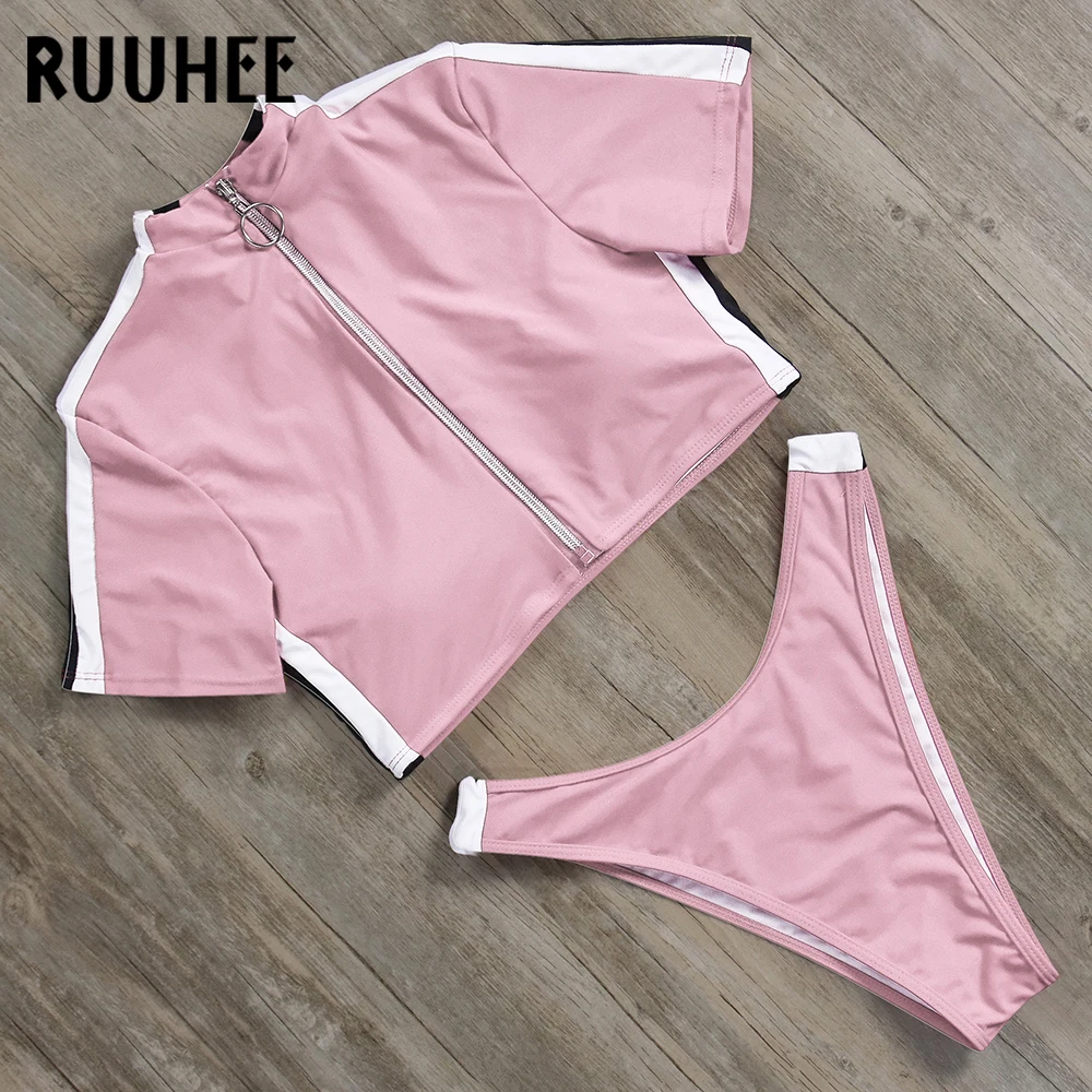 RUUHEE, короткий рукав, бикини, купальник для женщин, спортивный купальник, топ, Бразильский бикини, набор, на молнии, пляжная одежда, купальный костюм с высокой посадкой