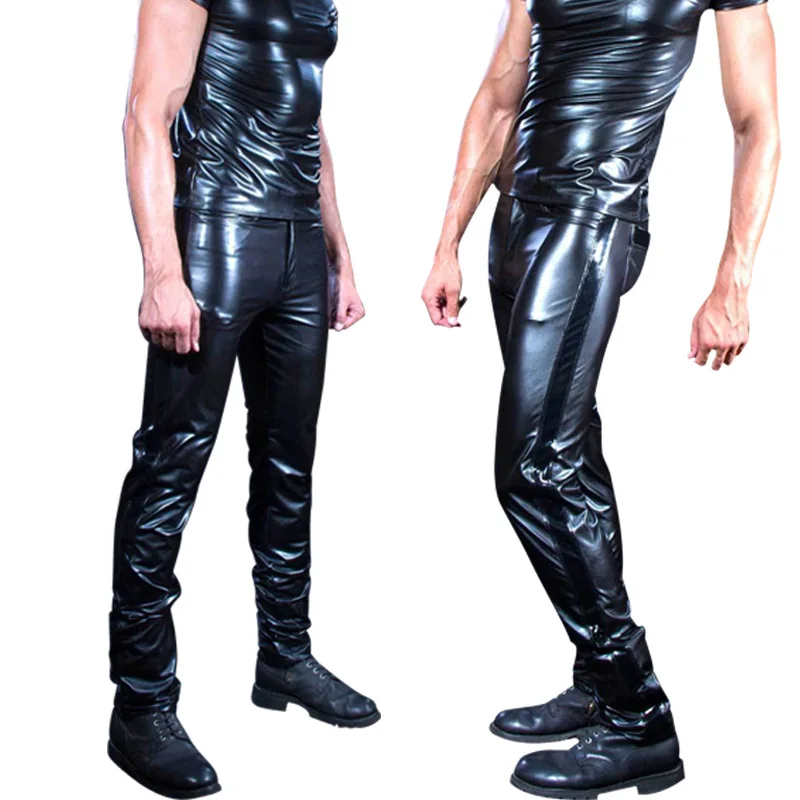 Мужские глянцевые обтягивающие брюки Wetlook из искусственной кожи паровозик