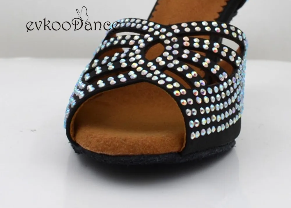 Black Satin With Diamond US 4-12 Heel Height 7 CM Professional Open Toe Latin Dance Shoes For Girls NL201 | Спорт и развлечения