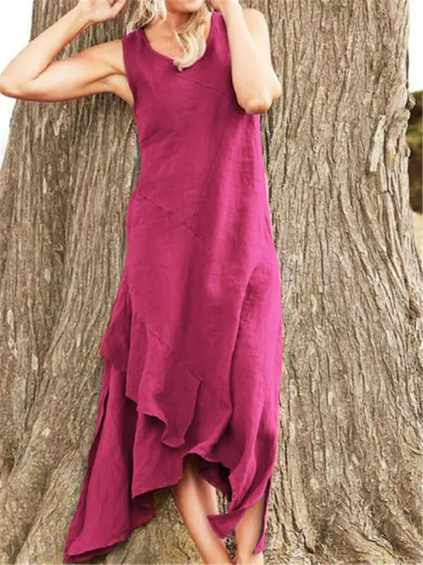 

New 2019 Women Sleeveless Boho Party Dresses Casual Cotton Blend Maxi Dress Long Ruffle Dresses