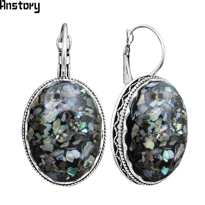 Большой овальный Shell Серьги Винтаж старинное серебро покрытием манжеты каменный