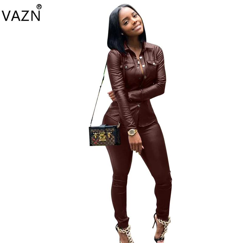 Женский Повседневный костюм VAZN однотонный кожаный комбинезон с длинным рукавом