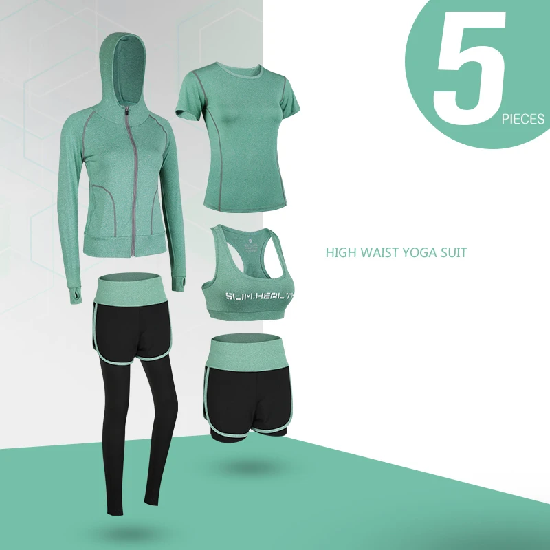 5 Piece Green Стоящий женский спортивный костюм для йоги, набор спортивной одежды для спортзала, фитнеса, костюм для бега, бега, тренировок, тренировочная одежда, комбинезон - Цвет: 5 Piece Green