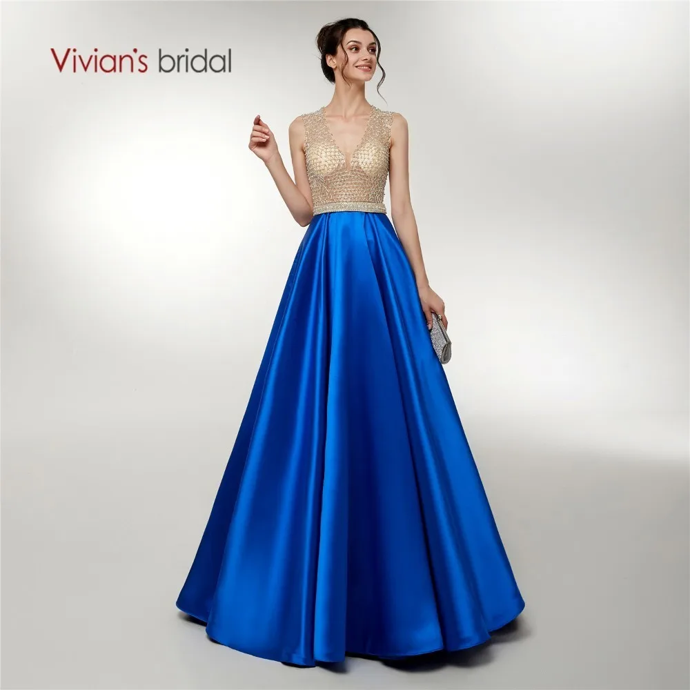 Vivian's Bridal 2018 модное голубое вечернее платье в полоску с вырезами и бисером v
