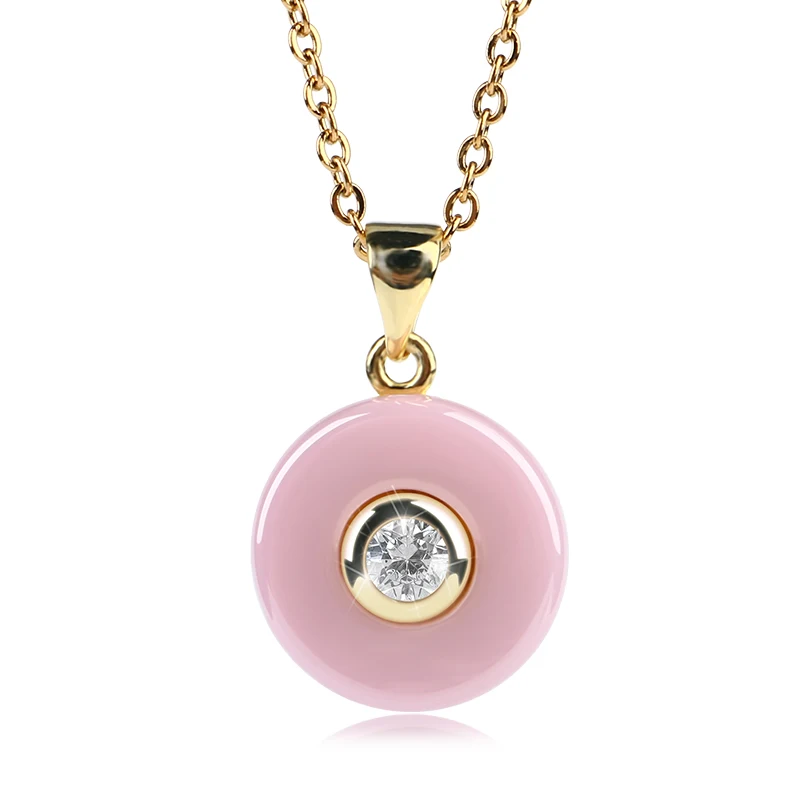 Romantic Lovely Pink Ceramic Pendant Necklace Simple Style Round Pendants Gold Silver Rose Color For Women Girl Best Gifts | Украшения и