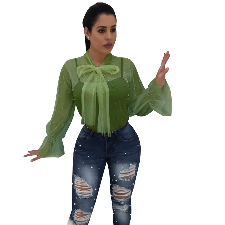 Сексуальная прозрачная сетчатая женская футболка с бусинами длинным рукавом