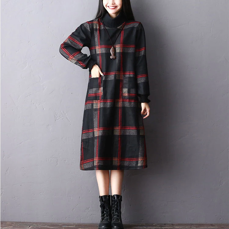 Saiqigui 2019 Autumn winter dress Vintage Turtleneck long sleeve women casual Loose A-Line Plaid vestidos | Женская одежда
