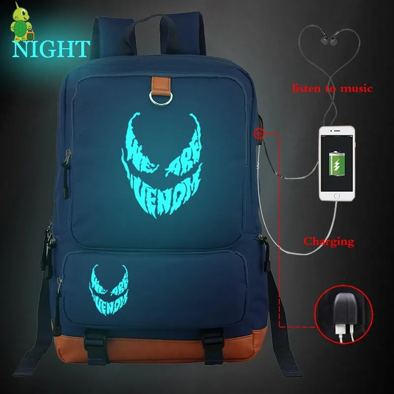 Рюкзак Venom Eddie Comics Hero с USB зарядкой, школьные сумки для подростков, светящийся женский и мужской рюкзак для ноутбука, большой рюкзак для путешествий