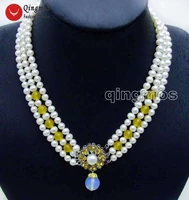 qingmos yellow jades 6 7mm white round 3 strands natural pearl necklace for women with opal pendant necklace women chokers 18