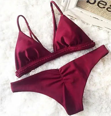 Женский купальник бандажный с пуш апом подкладкой винно красного цвета|biquini