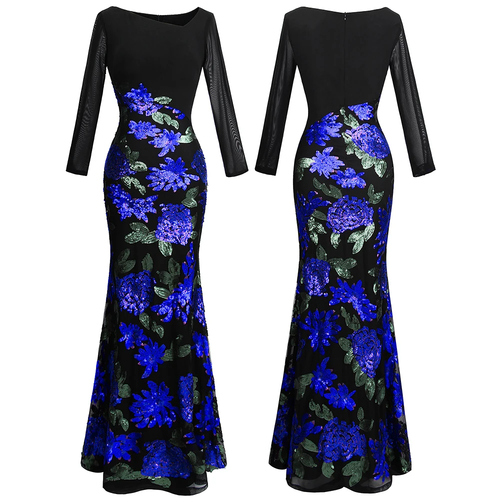 Angel-fashions Women's Long Sleeve Evening Dresses Elegant Formal Flowers Sequin Mermaid Party Gown 396 | Свадьбы и торжества