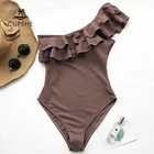 CUPSHE Falbala цельный купальник женский коричневый Монокини на одно плечо с рюшами 2022 для девочек однотонный пляжный купальный костюм