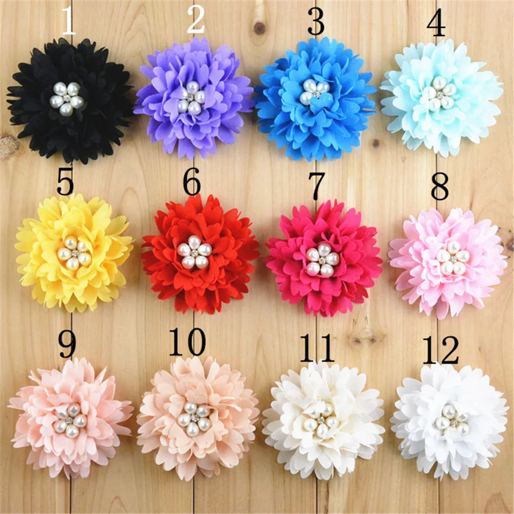 

30pcs /lot pearl center chiffon flower in 12colors hair accessory chiffon fabric flowers with beads and rhinestone centers