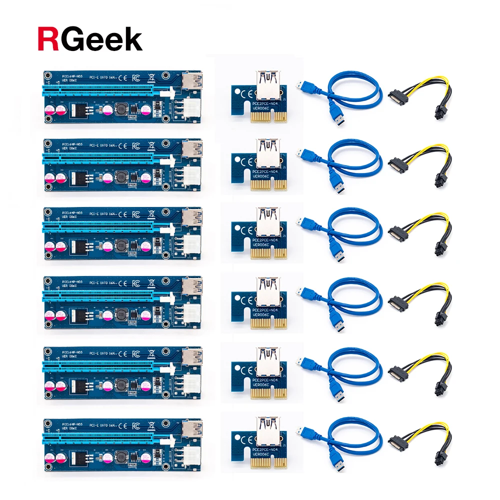 

6 шт., Райзер-карта 006C PCIe PCI-E PCI Express, 1x до 16x, USB 3,0, кабель для передачи данных, адаптер SATA к 6 контактам для майнинга биткоинов