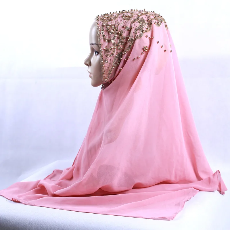 New Arrival Premium Plain Chiffon Hijab Scarf For Muslim Female Gold Pearl Glitter Islamic Turban Headband Shinny Shawl 170*70cm