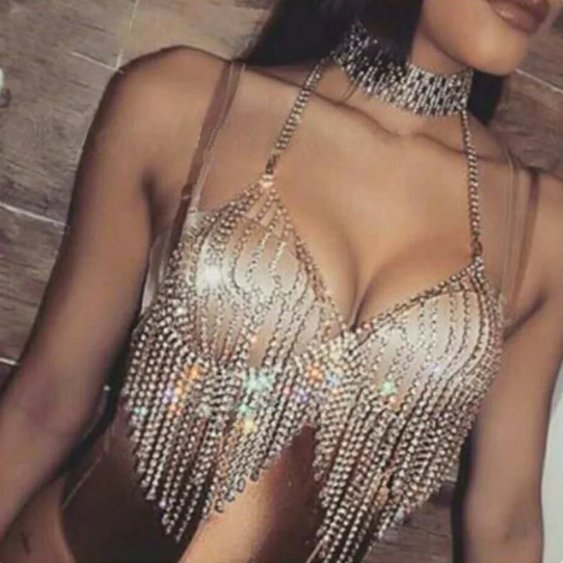 AKYZO Женская Мода 2017 Camis блёстки Стразы металлическая цепочка бюстгальтер с