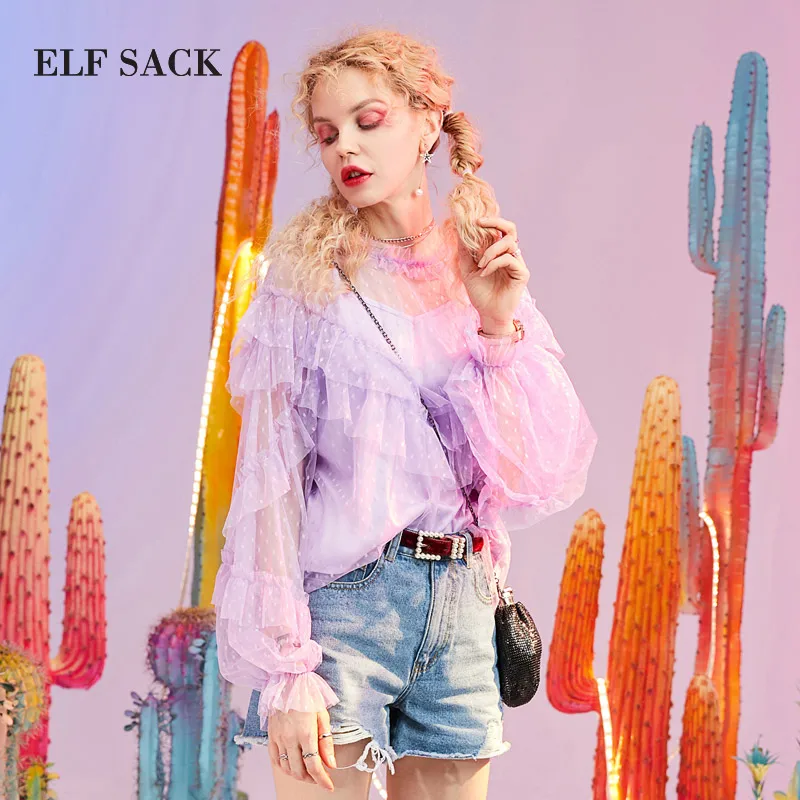 ELF SACK New Summer Woman Blouse Stylish Sweet Girl's Shirts Polka Dot Mesh Women Blouses O Neck lantern Sleeve Ladies Clothing| |