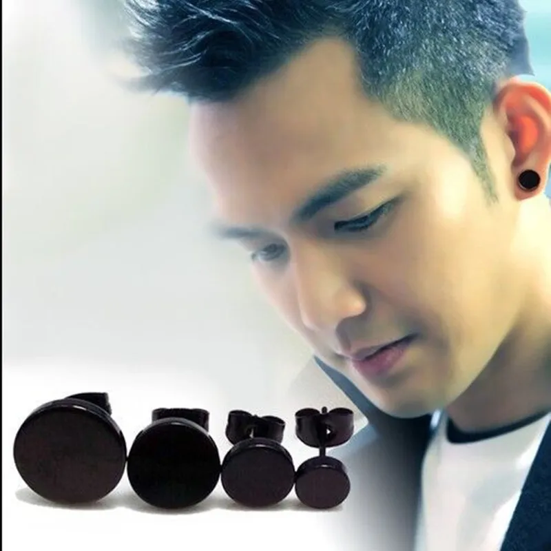 

HENGKE Jewelry Korea Black Round Ear Stud Pin Earrings Man 316L Stainless Steel Punk Fashion Jewelry 8mm