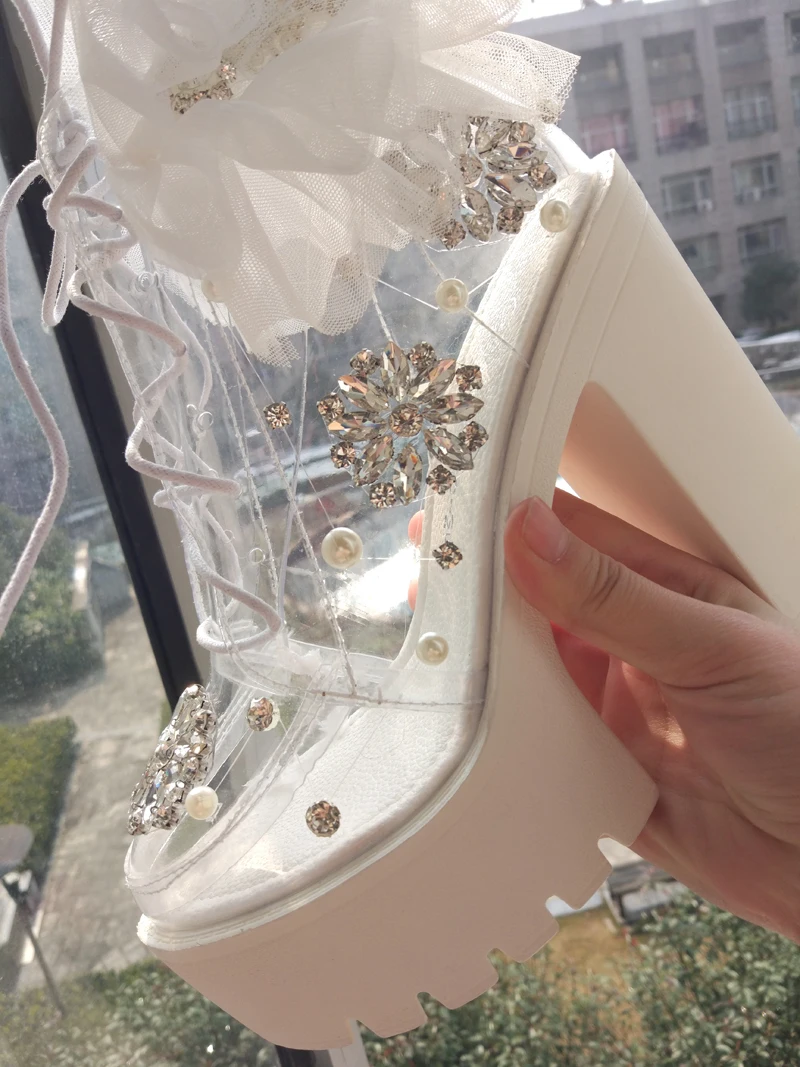 

Carollabelly Handmade Thick Heels Platform Women Autumn Boots Transparent Ankle Boots Women Lace Up Rhinestone Lace Flower Boots