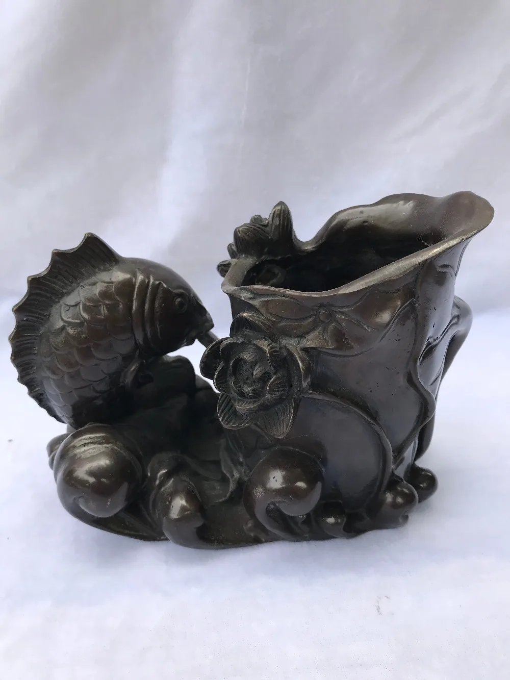 Old Chinese fengshui bronze Auspicious Fish Gourd Lucky Brush Pot pencil vase | Дом и сад