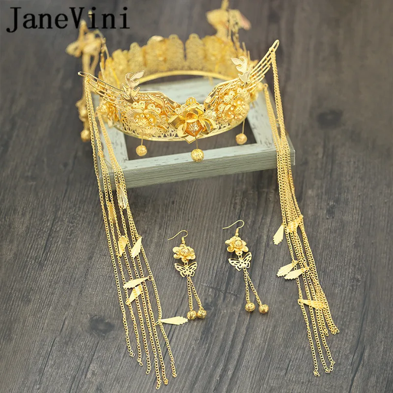 Китайские короны и Серьги невесты jaevini золотистые металлические свадебные