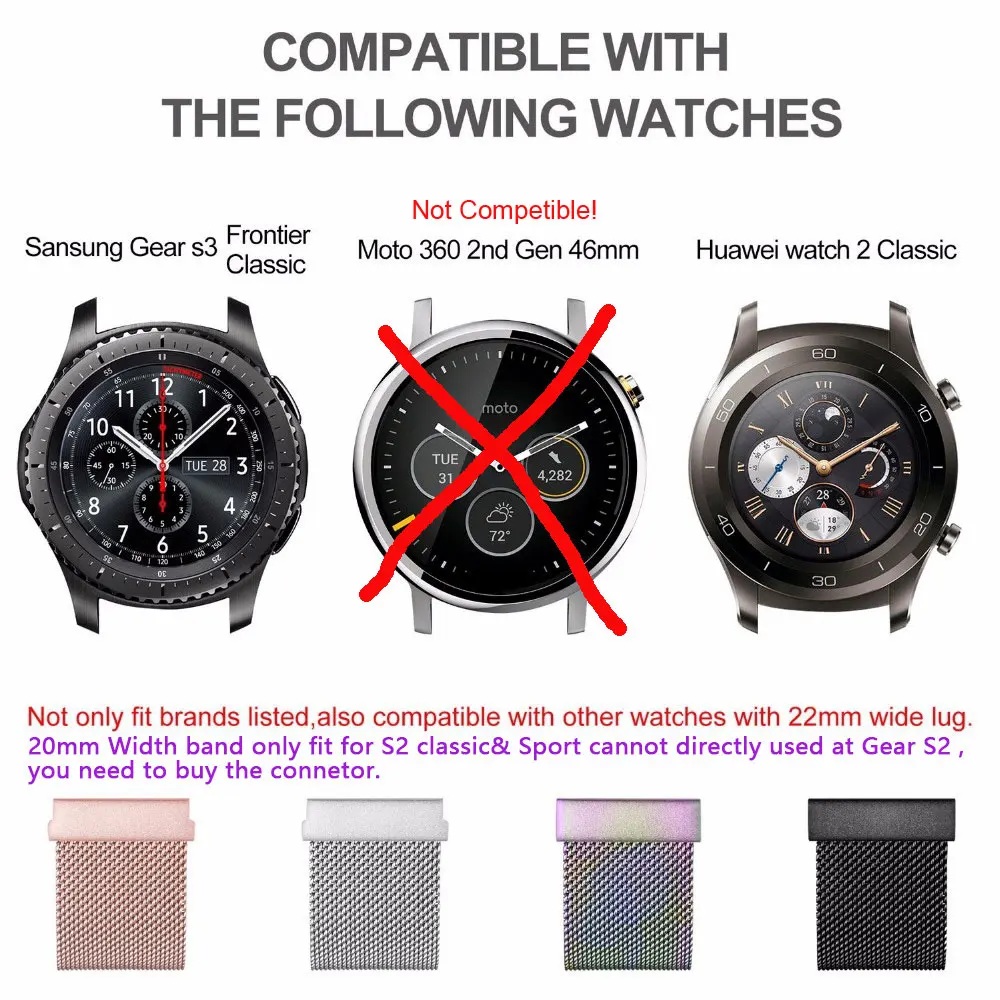 Миланский ремешок из нержавеющей стали для часов samsung Galaxy Watch Active gear S3 S2 Classic 22 мм 20 мм 18 мм 24 мм 16 14