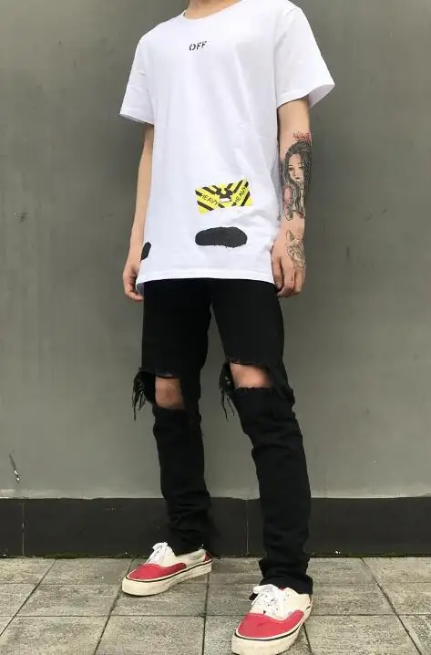 2019 Tide models Europe and America hole zipper jeans high street trend men's wild black Slim | Мужская одежда