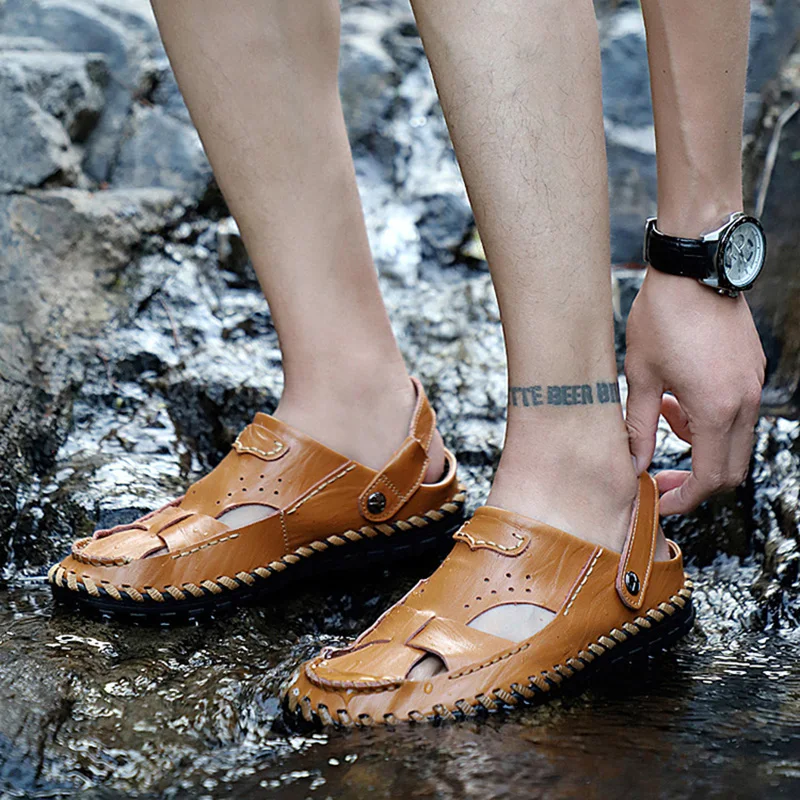 Мужские сандалии из натуральной кожи Мужская Уличная обувь пляжная мужские для